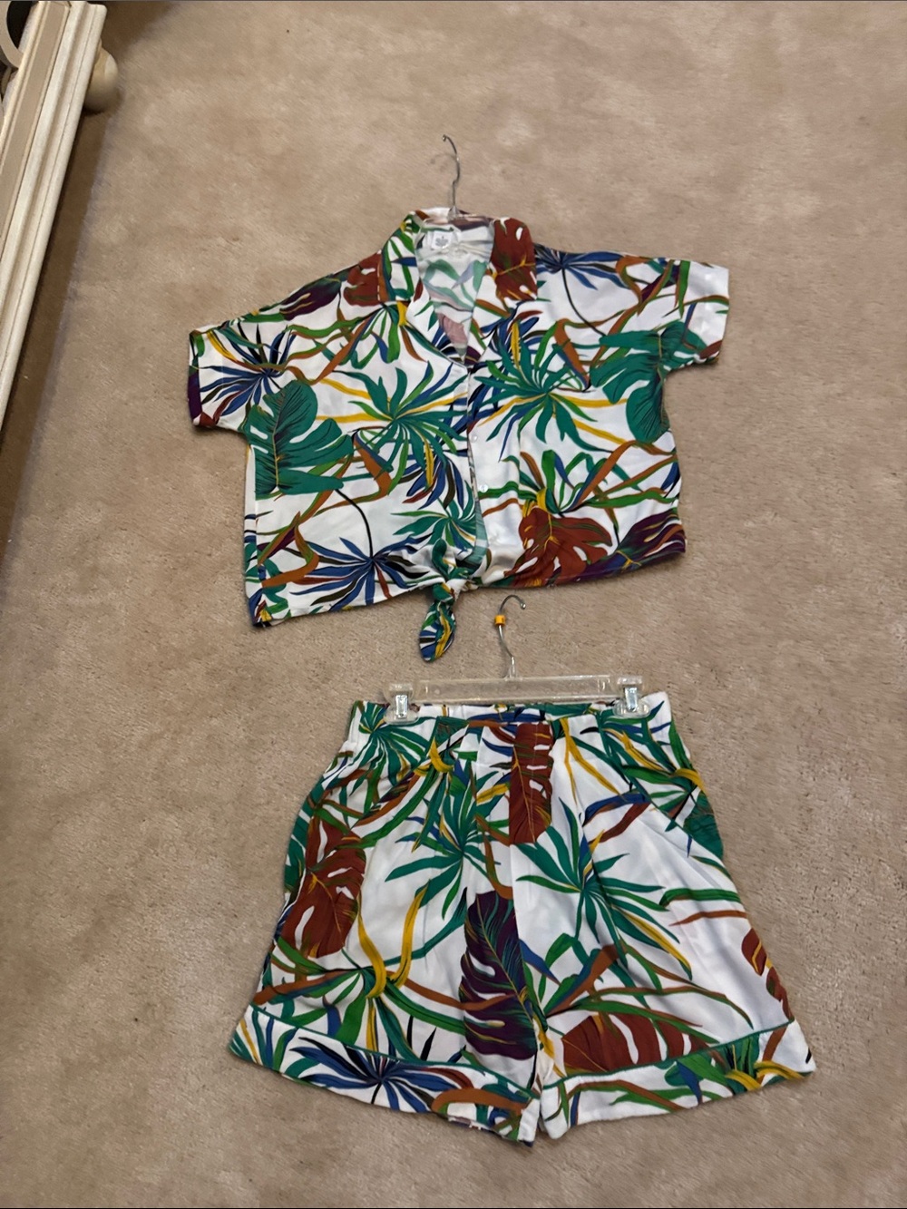For The Republic Tropical Print Crop Shorts Set - Green, Brown, Yellow, Blue